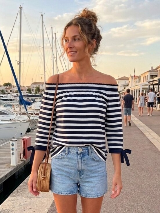 J. Crew Tops - JCrew Women's Navy Nautical Coastal Striped Off Shoulder Blouse Size Small